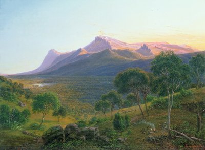 Aborigines an einem Feuer vor dem Mount William, gesehen vom Mount Dryden in den Grampians, Victoria, 1892 von Eugene von Guérard